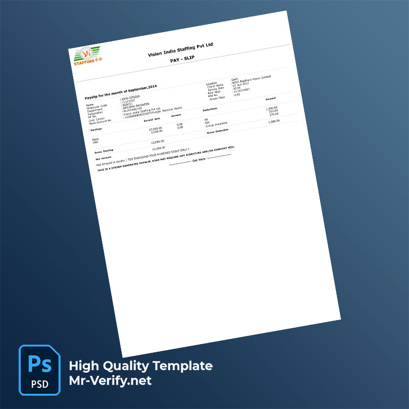 Vision India Staffing Pvt Ltd payslip word and pdf template Vision India Staffing Pvt Ltd payslip word and pdf template