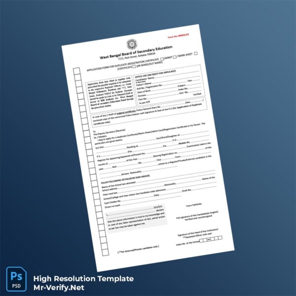 Editable West Bengal Board of Secondary Education Duplicate Registration Certificate Application Form Word and Pdf Template 2 page