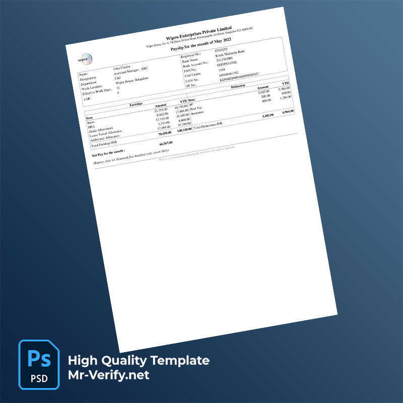 Wipro Enterprises Private Limited payslip word and pdf template Wipro Enterprises Private Limited payslip word and pdf template