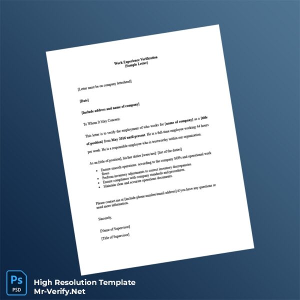 Editable Work Experience Verification Letter Word and Pdf Template