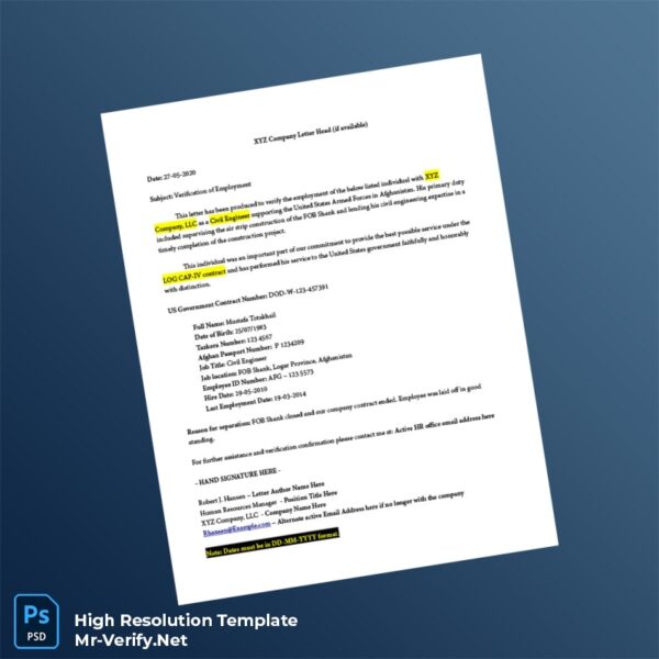 Editable XYZ Company Employment Verification Letter Word and Pdf Template