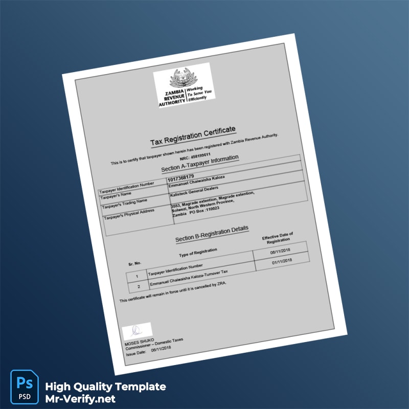 Zambia Revenue Authority Tax Registration Certificate Template in Word and PDF formats Zambia Revenue Authority Tax Registration Certificate Template in Word and PDF formats