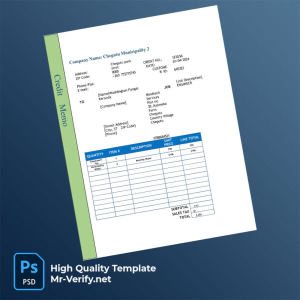 Zimbabwe Chegutu Municipality Editable Credit Memo Template in Word and PDF formats