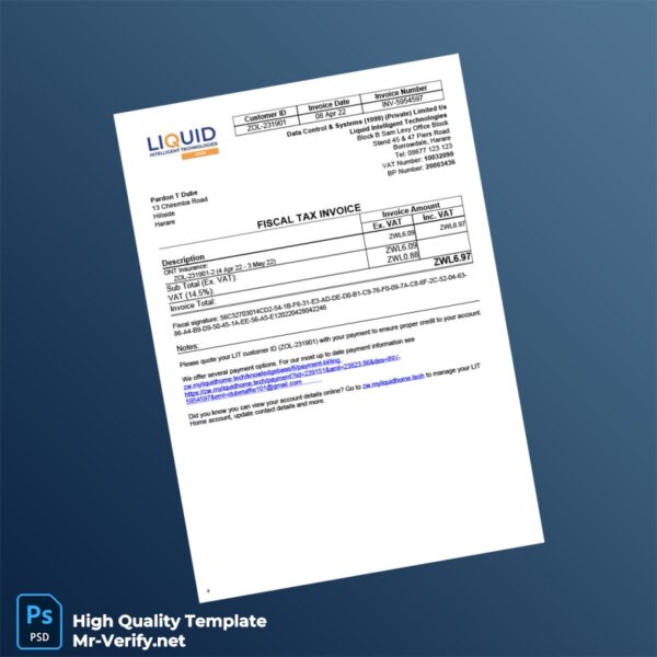 Zimbabwe Liquid Intelligent Technologies Fiscal Tax Invoice Template in Word and PDF formats 2 page