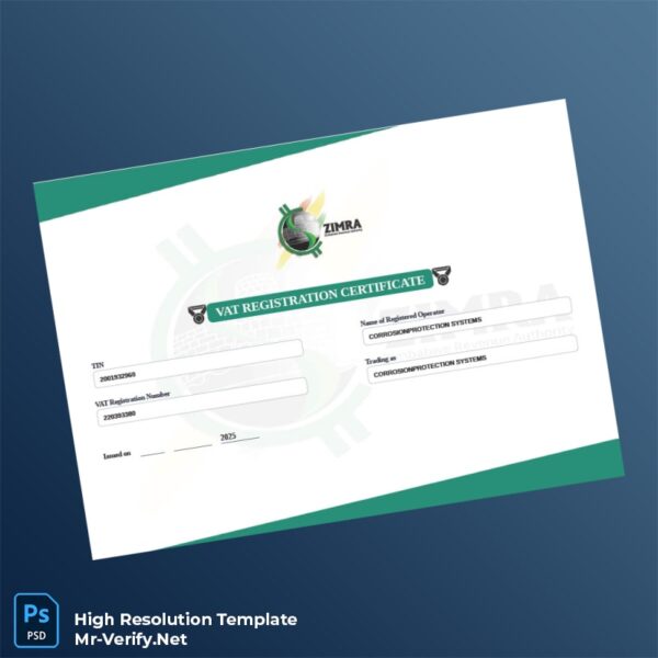Editable Zimbabwe Zimbabwe Revenue Authority VAT Registration Certificate Word and Pdf Template