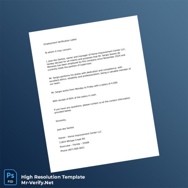 Editable USA Home Improvement Center LLC Employment Verification Letter Word and Pdf Template