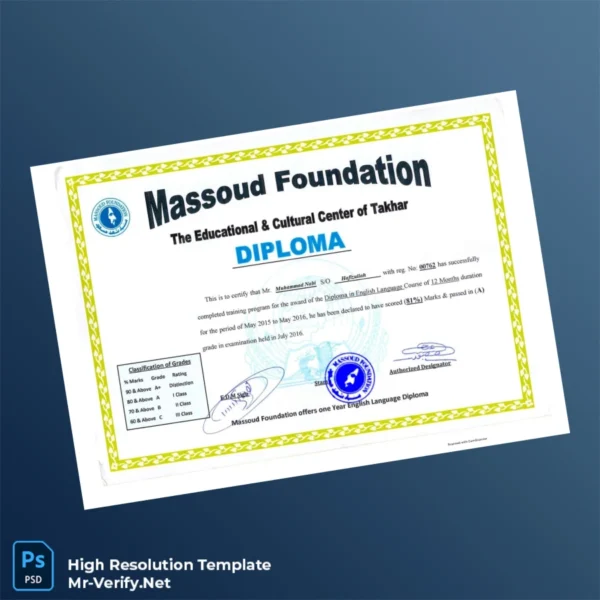Afghanistan Massoud Foundation Diploma in English Language – Fully Editable & Print-Ready Afghanistan Massoud Foundation Diploma in English Language – Fully Editable & Print-Ready