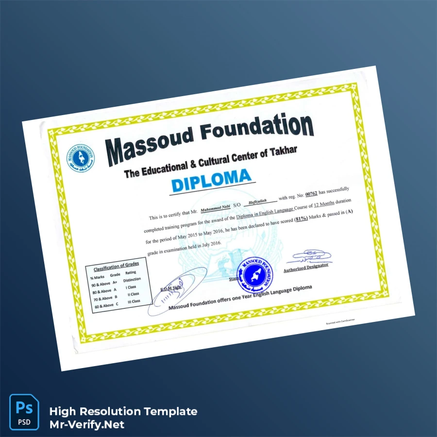 Afghanistan Massoud Foundation Diploma in English Language – Fully Editable & Print-Ready Afghanistan Massoud Foundation Diploma in English Language – Fully Editable & Print-Ready
