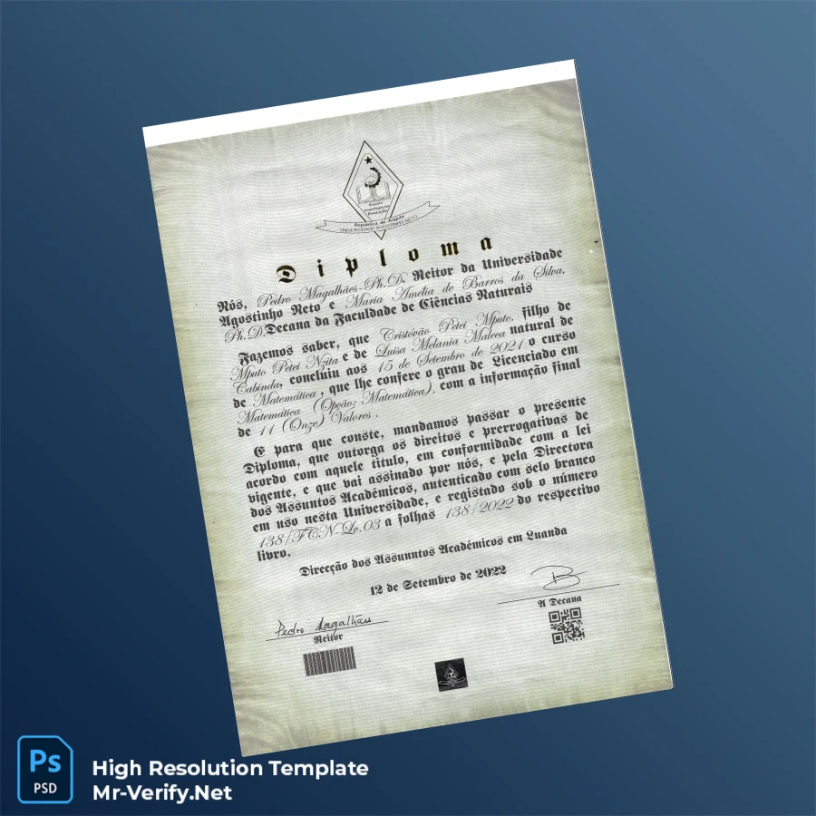 Angola Universidade Agostinho Neto Bachelor of Science in Mathematics Diploma – Fully Editable High Resolution 2 Page Angola Universidade Agostinho Neto Bachelor of Science in Mathematics Diploma – Fully Editable High Resolution 2 Page