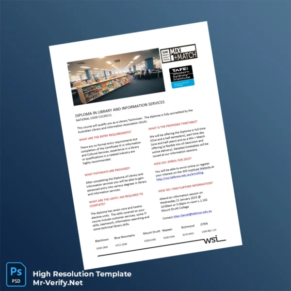 Australia TAFE NSW Diploma in Library and Information Services Template – Fully Editable High Resolution Australia TAFE NSW Diploma in Library and Information Services Template – Fully Editable High Resolution