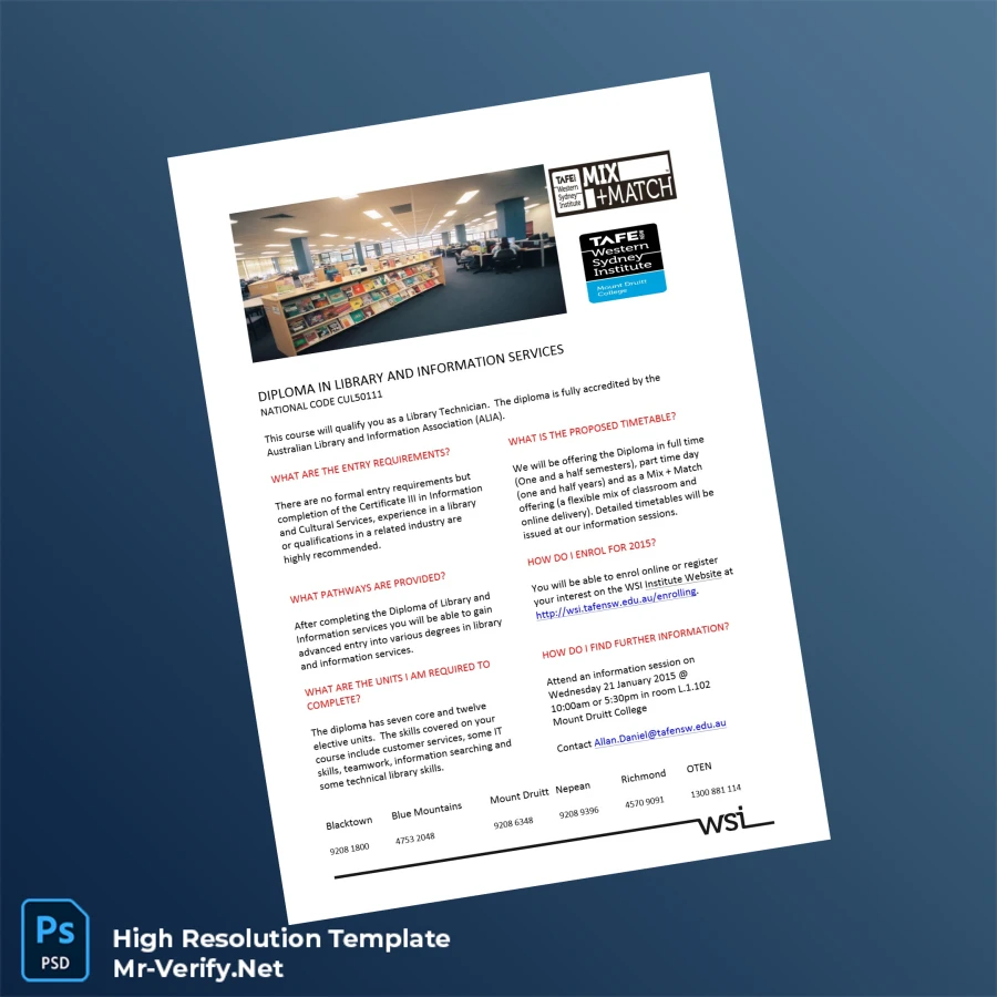 Australia TAFE NSW Diploma in Library and Information Services Template – Fully Editable High Resolution Australia TAFE NSW Diploma in Library and Information Services Template – Fully Editable High Resolution