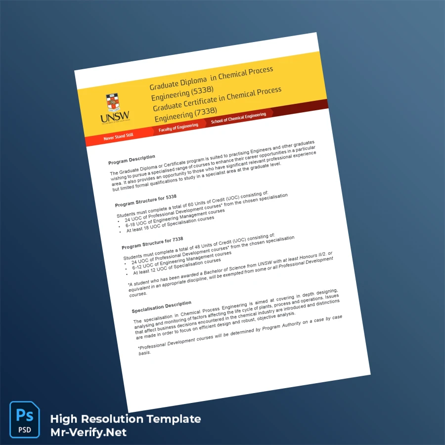 Australia University of New South Wales Graduate Diploma in Chemical Process Engineering Template – Fully Editable, High Resolution 2 Page Australia University of New South Wales Graduate Diploma in Chemical Process Engineering Template – Fully Editable, High Resolution 2 Page