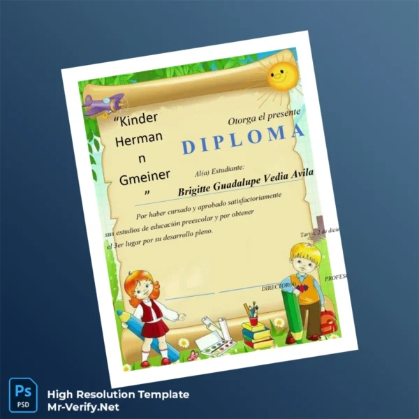 Bolivia Kinder Hermann Gmeiner Pre-School Diploma – Fully Editable & Print-Ready