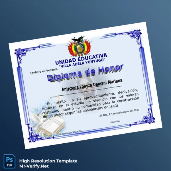 Bolivia Unidad Educativa Villa Adela Yunyugo Diploma of Honor Template – Fully Editable & Print-Ready 2 Page Bolivia Unidad Educativa Villa Adela Yunyugo Diploma of Honor Template – Fully Editable & Print-Ready 2 Page
