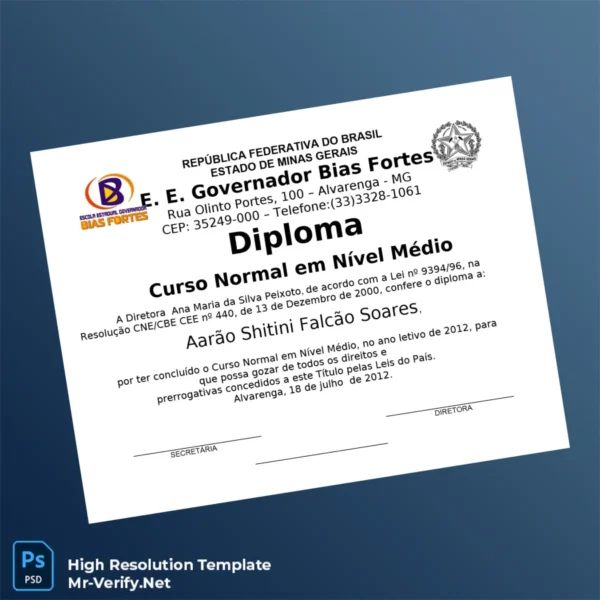 Brazil Aarao Shitini Falcão Soares High School Diploma in Normal Course – Fully Editable & Print-Ready 2 Page Brazil Aarao Shitini Falcão Soares High School Diploma in Normal Course – Fully Editable & Print-Ready 2 Page