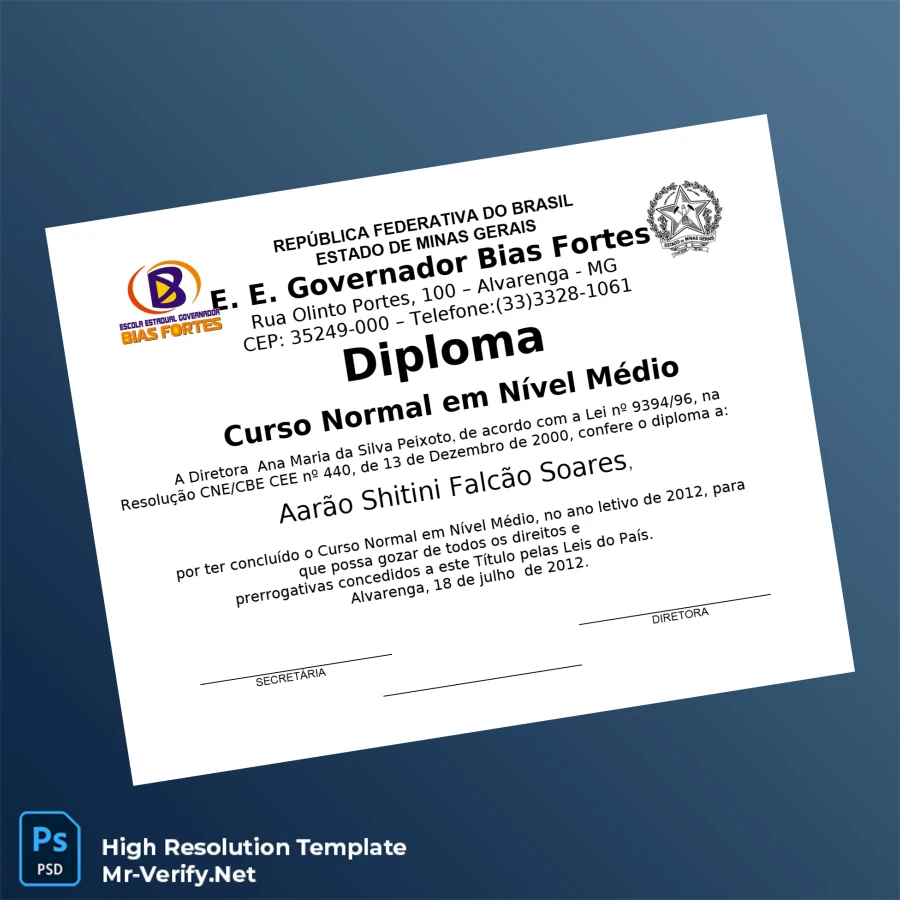 Brazil Aarao Shitini Falcão Soares High School Diploma in Normal Course – Fully Editable & Print-Ready 2 Page Brazil Aarao Shitini Falcão Soares High School Diploma in Normal Course – Fully Editable & Print-Ready 2 Page
