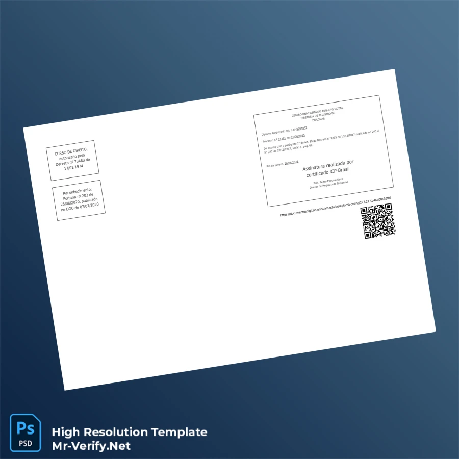 Brazil Centro Universitário Augusto Motta Bachelor of Laws Diploma – Fully Editable & Print-Ready 2 Page Brazil Centro Universitário Augusto Motta Bachelor of Laws Diploma – Fully Editable & Print-Ready 2 Page