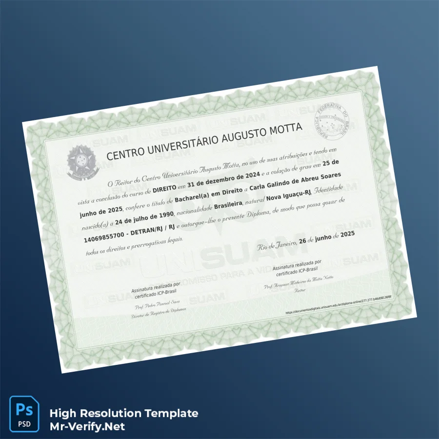Brazil Centro Universitário Augusto Motta Bachelor of Laws Diploma – Fully Editable & Print-Ready 2 Page Brazil Centro Universitário Augusto Motta Bachelor of Laws Diploma – Fully Editable & Print-Ready 2 Page