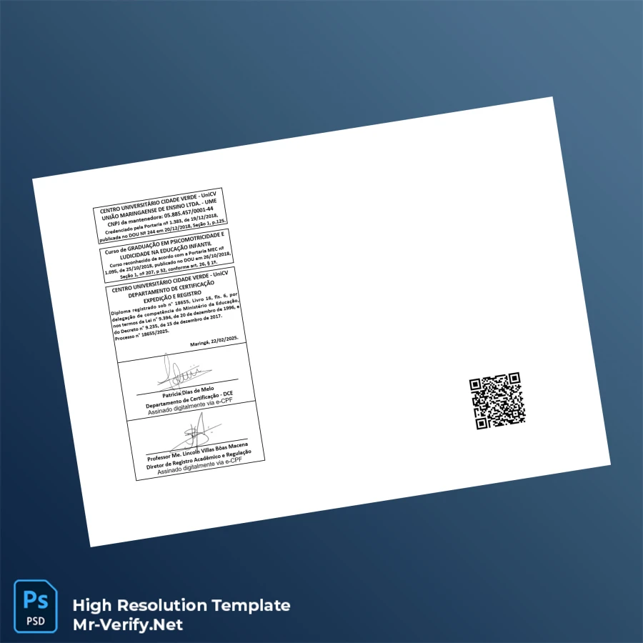 Brazil Centro Universitário Cidade Verde Technologist in Psychomotricity and Playfulness Diploma – Fully Editable High Resolution 2 Page Brazil Centro Universitário Cidade Verde Technologist in Psychomotricity and Playfulness Diploma – Fully Editable High Resolution 2 Page