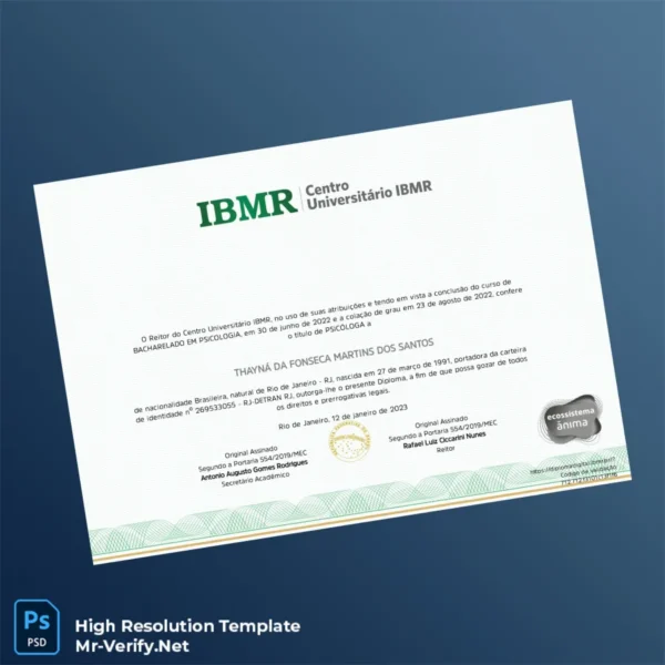Brazil Centro Universitário IBMR Bachelor of Psychology Degree Template – Fully Editable & Print-Ready 2 Page Brazil Centro Universitário IBMR Bachelor of Psychology Degree Template – Fully Editable & Print-Ready 2 Page