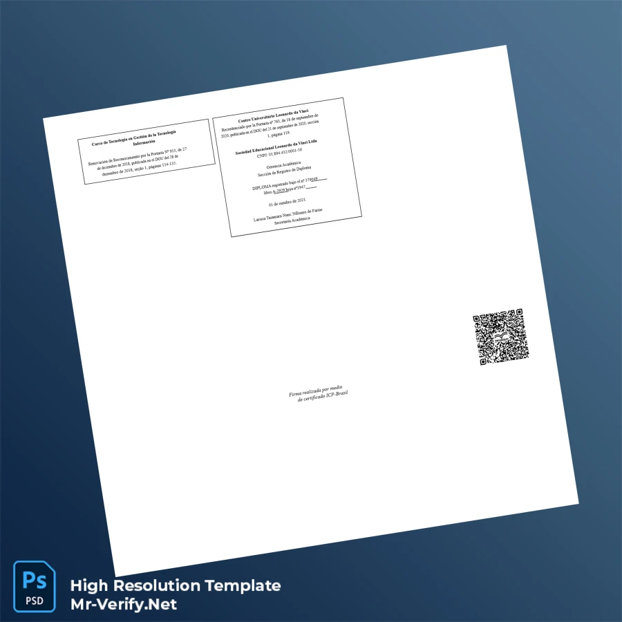 Brazil Centro Universitário Leonardo da Vinci Technologist in IT Diploma – Fully Editable & Print-Ready 2 Page Brazil Centro Universitário Leonardo da Vinci Technologist in IT Diploma – Fully Editable & Print-Ready 2 Page