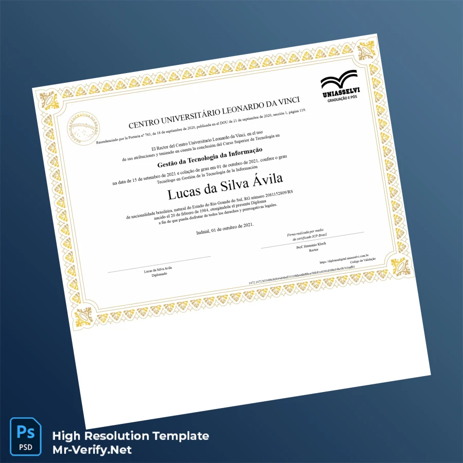 Brazil Centro Universitário Leonardo da Vinci Technologist in IT Diploma – Fully Editable & Print-Ready 2 Page Brazil Centro Universitário Leonardo da Vinci Technologist in IT Diploma – Fully Editable & Print-Ready 2 Page