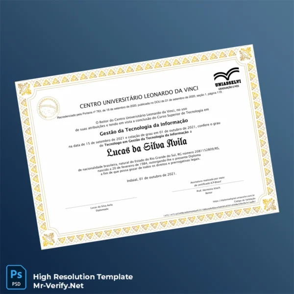 Brazil Centro Universitário Leonardo da Vinci Technology Management Diploma – Fully Editable High Resolution 2 Page Brazil Centro Universitário Leonardo da Vinci Technology Management Diploma – Fully Editable High Resolution 2 Page