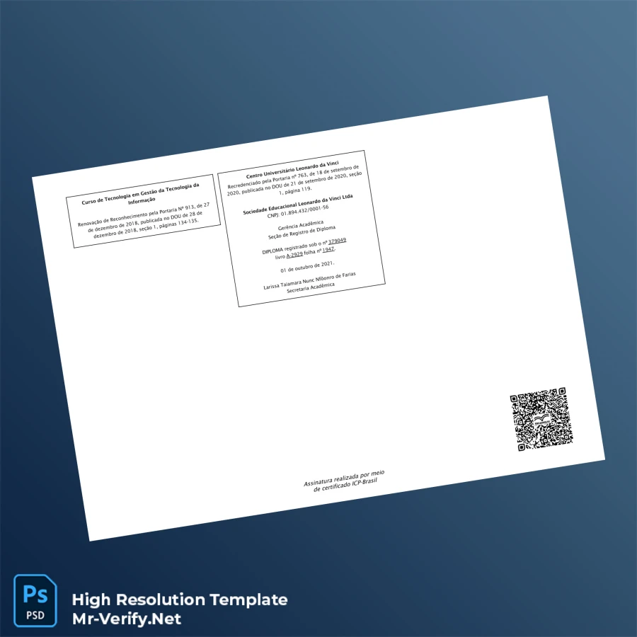 Brazil Centro Universitário Leonardo da Vinci Technology Management Diploma – Fully Editable High Resolution 2 Page Brazil Centro Universitário Leonardo da Vinci Technology Management Diploma – Fully Editable High Resolution 2 Page
