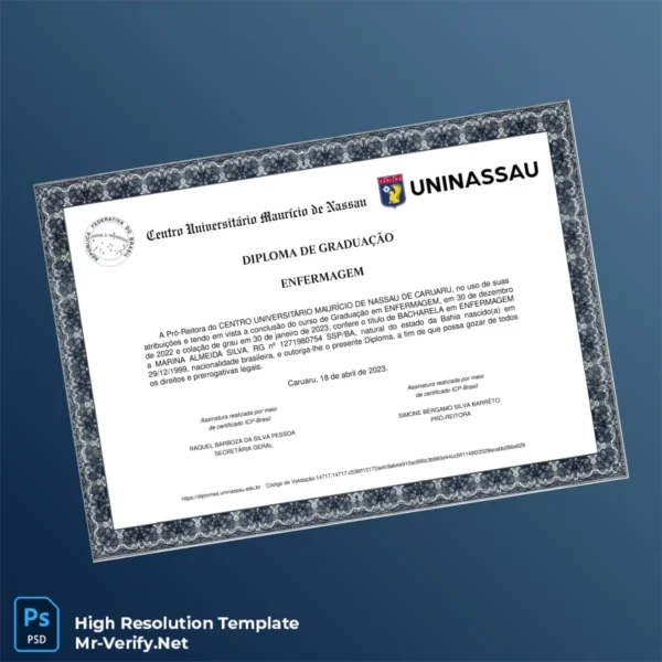 Printable Brazil Centro Universitário Maurício de Nassau Bachelor of Nursing Diploma Image Preview - PrintDocs