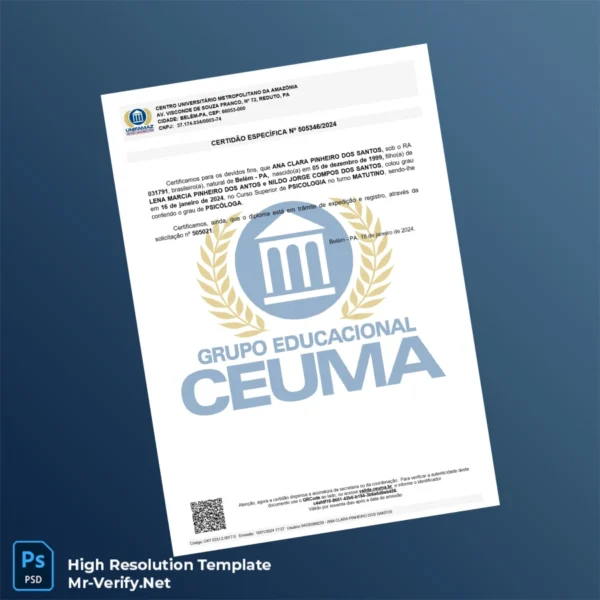 Brazil Centro Universitário Metropolitano da Amazônia Bachelor of Psychology Certificate – Fully Editable, Print-Ready Brazil Centro Universitário Metropolitano da Amazônia Bachelor of Psychology Certificate – Fully Editable, Print-Ready