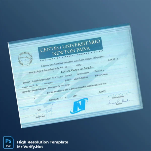 Brazil Centro Universitário Newton Paiva Bachelor of Psychology Diploma Template – Fully Editable High Resolution 2 Page Brazil Centro Universitário Newton Paiva Bachelor of Psychology Diploma Template – Fully Editable High Resolution 2 Page