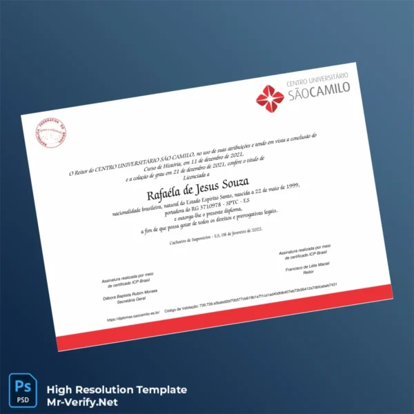 Brazil Centro Universitário São Camilo Bachelor of History Diploma – Fully Editable & Print-Ready 2 Page Brazil Centro Universitário São Camilo Bachelor of History Diploma – Fully Editable & Print-Ready 2 Page