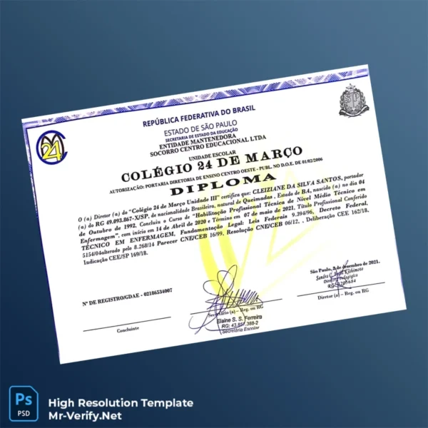 Brazil Colegio 24 de Março Technical Diploma in Nursing Template – Fully Editable & Print-Ready Brazil Colegio 24 de Março Technical Diploma in Nursing Template – Fully Editable & Print-Ready
