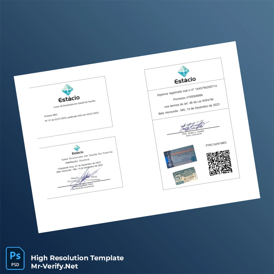 Brazil Estácio University Doctorate in Family Health Diploma – Fully Editable & Print-Ready 2 Page Brazil Estácio University Doctorate in Family Health Diploma – Fully Editable & Print-Ready 2 Page