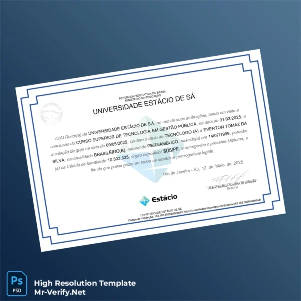 Brazil Estácio de Sá University Technologist Diploma in Public Management – Fully Editable, Print-Ready 2 Page Brazil Estácio de Sá University Technologist Diploma in Public Management – Fully Editable, Print-Ready 2 Page
