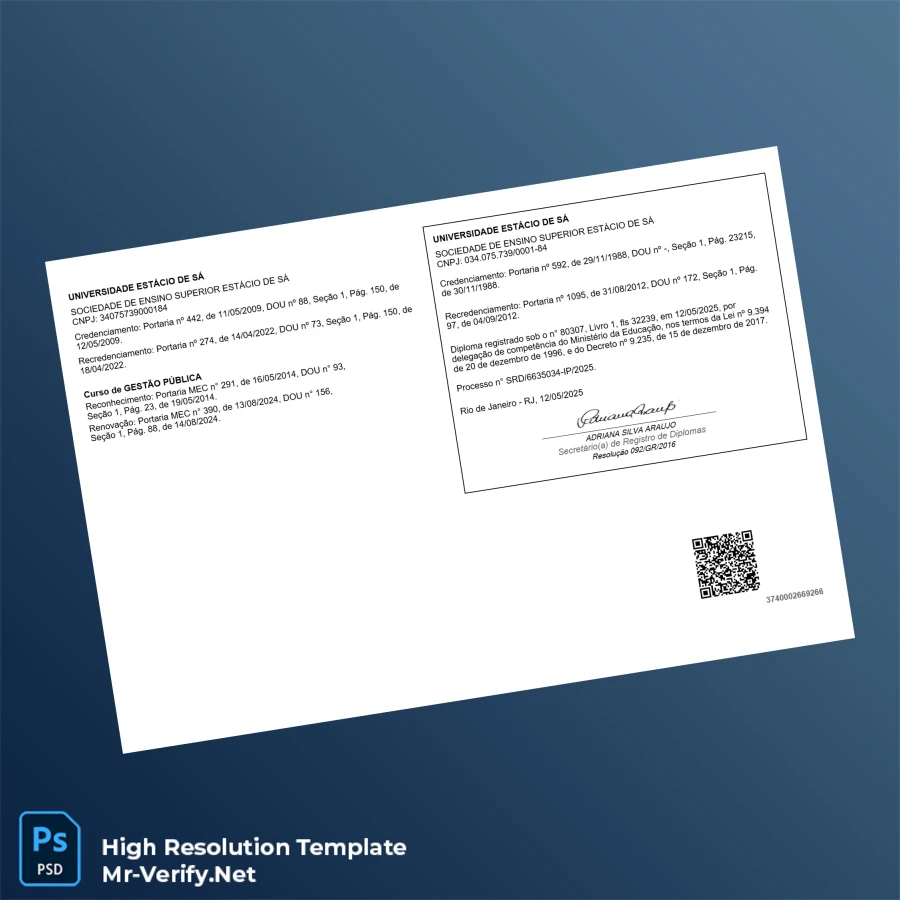 Brazil Estácio de Sá University Technologist Diploma in Public Management – Fully Editable, Print-Ready 2 Page Brazil Estácio de Sá University Technologist Diploma in Public Management – Fully Editable, Print-Ready 2 Page