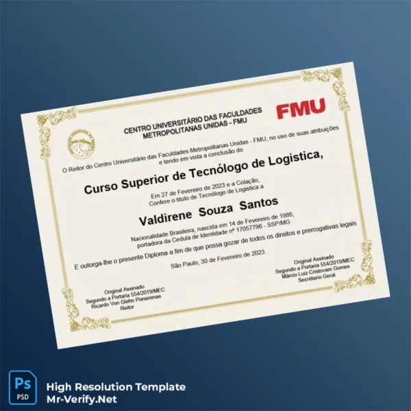 Brazil FMU Technical Degree in Logistics Template – Fully Editable & Print-Ready Brazil FMU Technical Degree in Logistics Template – Fully Editable & Print-Ready
