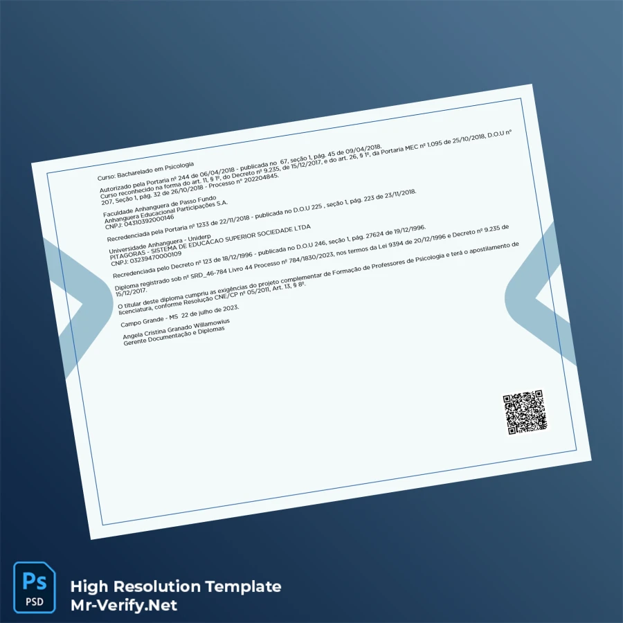 Brazil Faculdade Anhanguera de Passo Fundo Bachelor of Science in Psychology Template – Fully Editable High Resolution 2 Page Brazil Faculdade Anhanguera de Passo Fundo Bachelor of Science in Psychology Template – Fully Editable High Resolution 2 Page