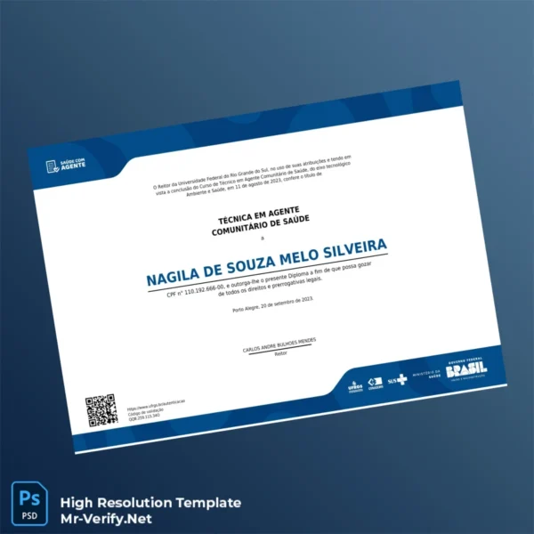 Brazil Federal University of Rio Grande do Sul Técnico em Agente Comunitário de Saúde Diploma – Fully Editable & Print-Ready 2 Page Brazil Federal University of Rio Grande do Sul Técnico em Agente Comunitário de Saúde Diploma – Fully Editable & Print-Ready 2 Page