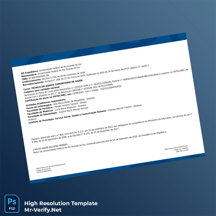 Brazil Federal University of Rio Grande do Sul Técnico em Agente Comunitário de Saúde Diploma – Fully Editable & Print-Ready 2 Page Brazil Federal University of Rio Grande do Sul Técnico em Agente Comunitário de Saúde Diploma – Fully Editable & Print-Ready 2 Page