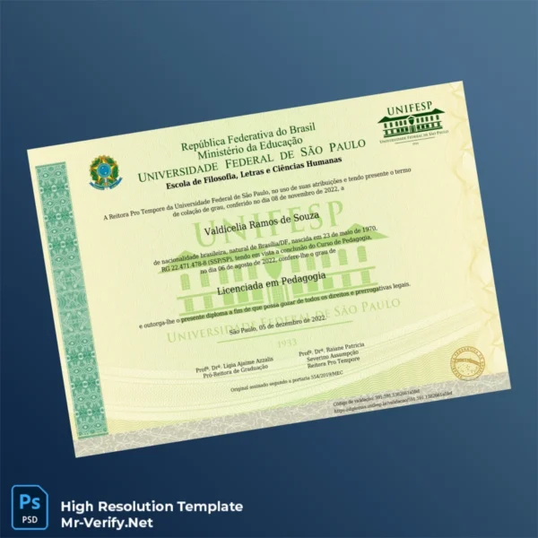 Brazil Federal University of São Paulo Licentiate in Pedagogy Diploma – Fully Editable & Print-Ready 2 Page Brazil Federal University of São Paulo Licentiate in Pedagogy Diploma – Fully Editable & Print-Ready 2 Page