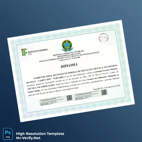 Printable Brazil Instituto Federal de Educação, Ciência e Tecnologia do Piauí Technical Diploma in Civil Engineering Image Preview - PrintDocs