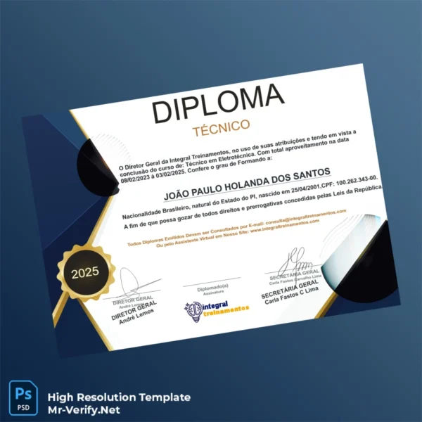 Brazil Integral Treinamentos Technical Diploma in Electrotechnics – Fully Editable High-Resolution Template 2 Page Brazil Integral Treinamentos Technical Diploma in Electrotechnics – Fully Editable High-Resolution Template 2 Page