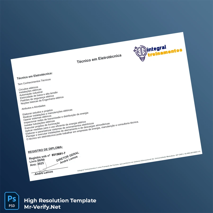 Brazil Integral Treinamentos Technical Diploma in Electrotechnics – Fully Editable High-Resolution Template 2 Page Brazil Integral Treinamentos Technical Diploma in Electrotechnics – Fully Editable High-Resolution Template 2 Page