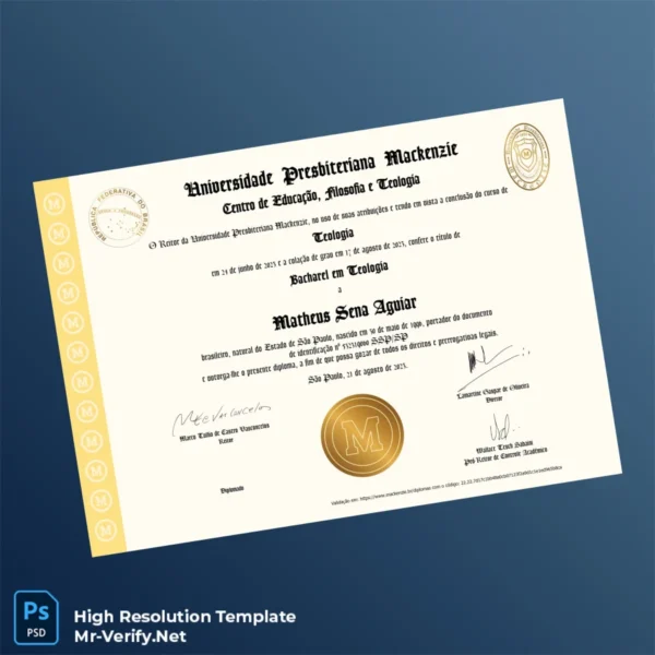 Brazil Presbyterian Mackenzie University Bachelor of Theology Certificate – Fully Editable & Print-Ready 2 Page Brazil Presbyterian Mackenzie University Bachelor of Theology Certificate – Fully Editable & Print-Ready 2 Page