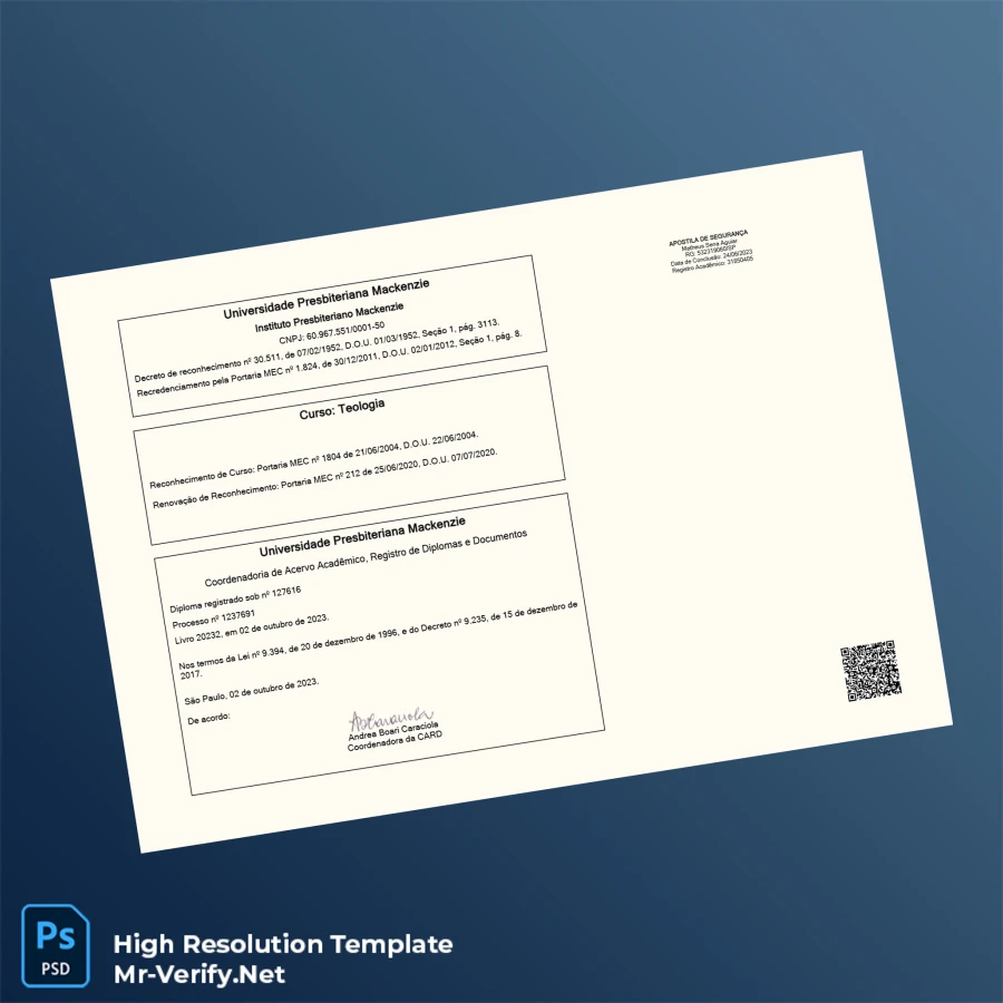 Brazil Presbyterian Mackenzie University Bachelor of Theology Certificate – Fully Editable & Print-Ready 2 Page Brazil Presbyterian Mackenzie University Bachelor of Theology Certificate – Fully Editable & Print-Ready 2 Page