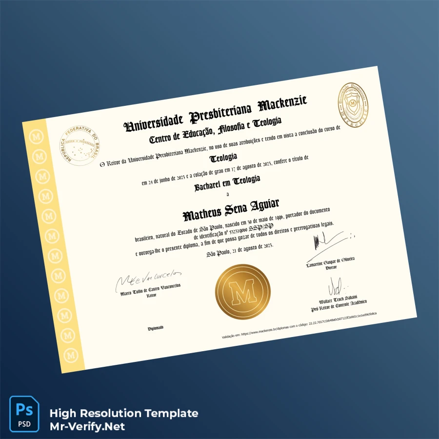 Brazil Presbyterian Mackenzie University Bachelor of Theology Certificate – Fully Editable & Print-Ready 2 Page Brazil Presbyterian Mackenzie University Bachelor of Theology Certificate – Fully Editable & Print-Ready 2 Page