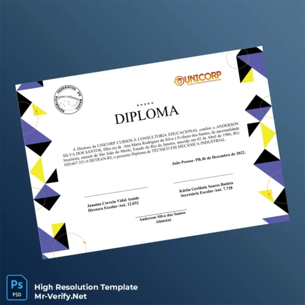 Brazil UNICORP CURSOS E CONSULTORIA EDUCACIONAL Diploma in Industrial Mechanics Template – Fully Editable High Resolution 3 Page Brazil UNICORP CURSOS E CONSULTORIA EDUCACIONAL Diploma in Industrial Mechanics Template – Fully Editable High Resolution 3 Page