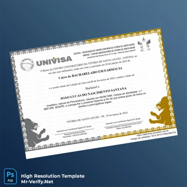 Brazil UNIVISA Bachelor of Pharmacy Degree Template – Fully Editable & Print-Ready 2 Page Brazil UNIVISA Bachelor of Pharmacy Degree Template – Fully Editable & Print-Ready 2 Page