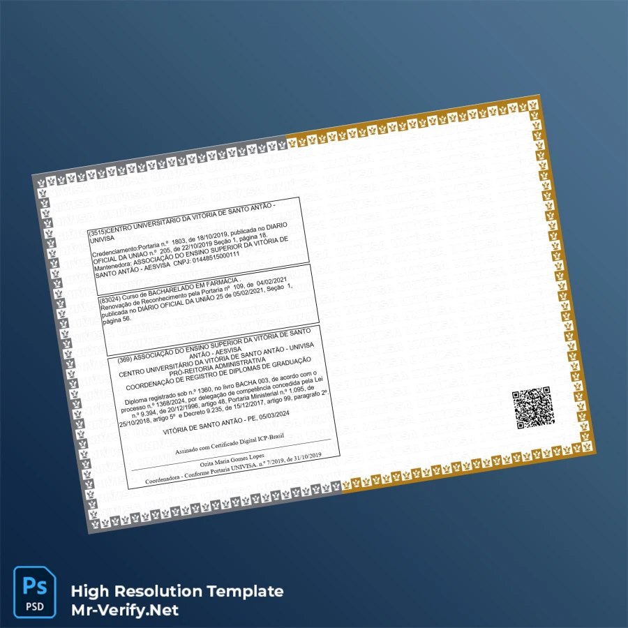 Brazil UNIVISA Bachelor of Pharmacy Degree Template – Fully Editable & Print-Ready 2 Page Brazil UNIVISA Bachelor of Pharmacy Degree Template – Fully Editable & Print-Ready 2 Page